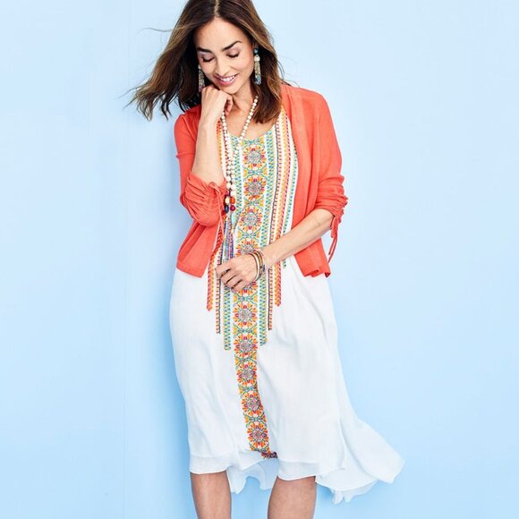 Chico's Embroidered White Maxi Dress (Small) with Orange Cardigan (Medium) ~ EUC - Picture 1 of 11